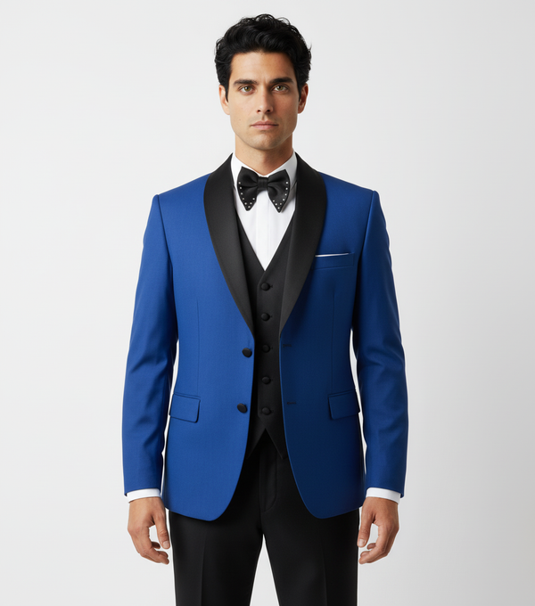 Costum de Ceremonie cu Rever Detașabil în Trei Piese - Albastru 6AM124