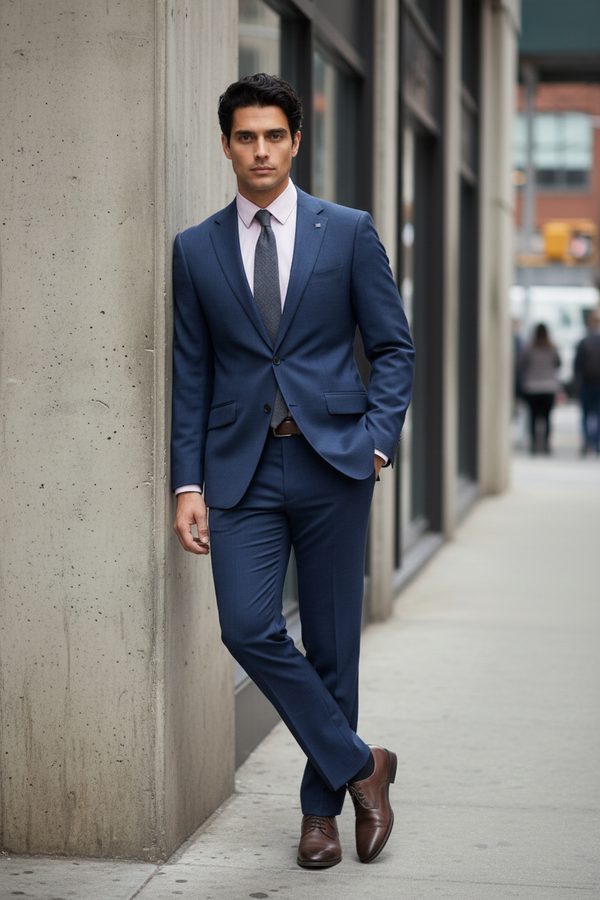 Costum Clasic din Lână Premium - Bleumarin Texturat 6AM99741