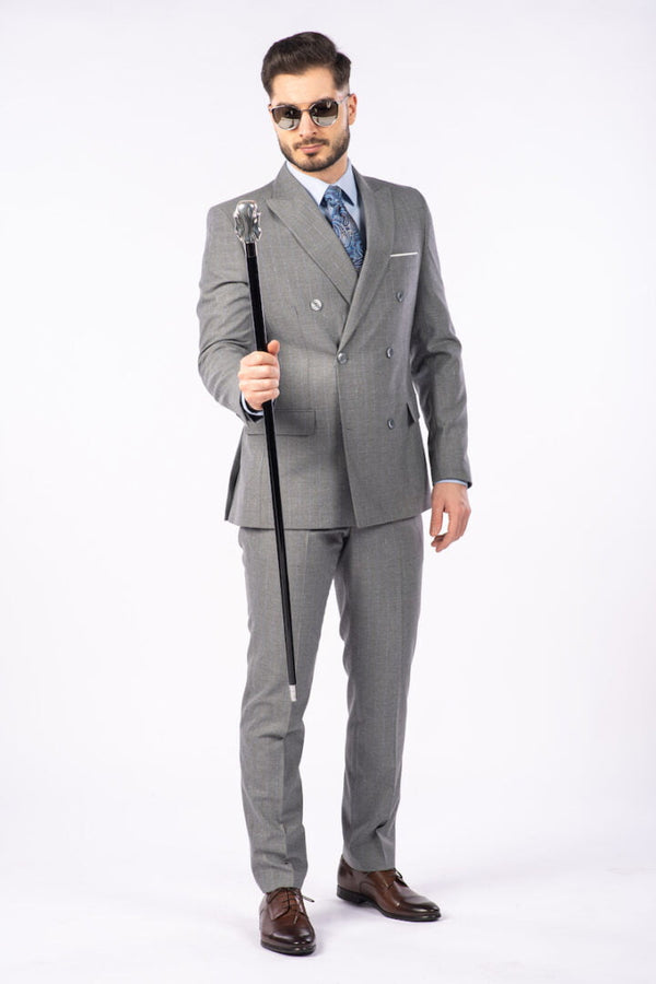 Costum 2 Rânduri Nasturi - Gri cu Dungi Bleu