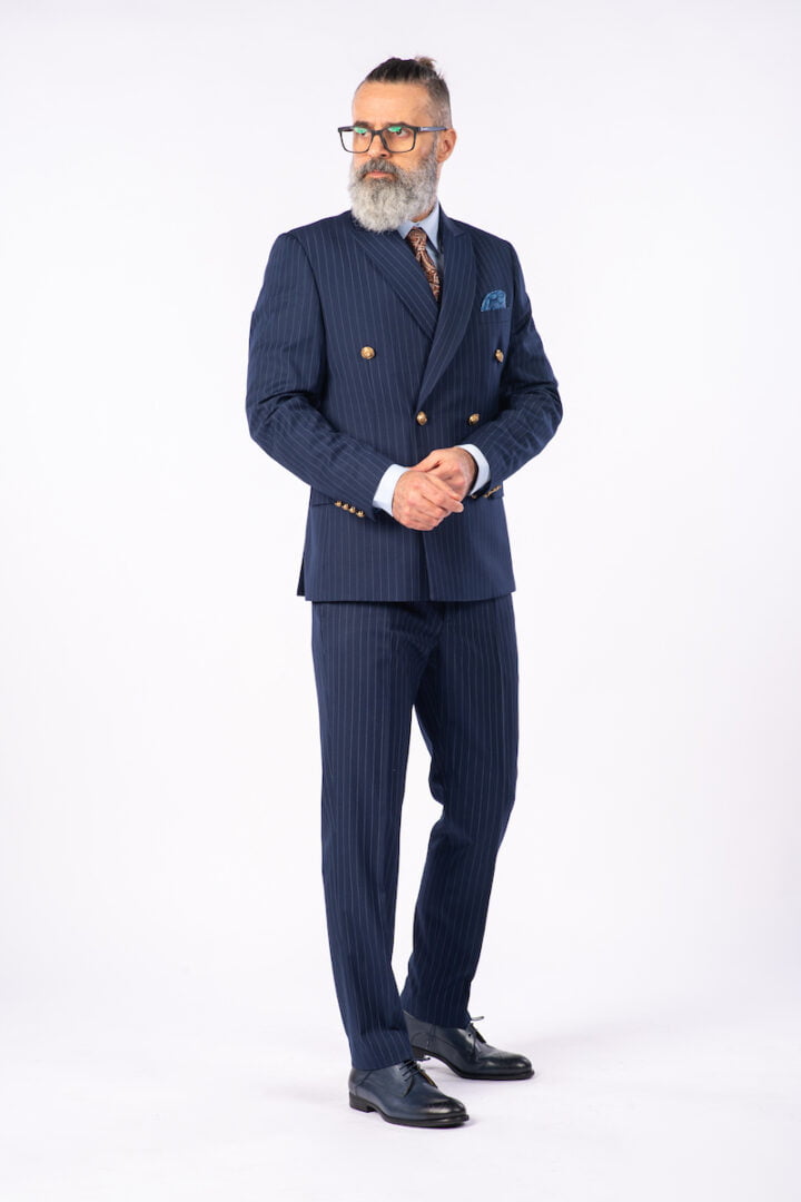 Costum 2 Rânduri Nasturi - Bleumarin cu Dungi Bleu