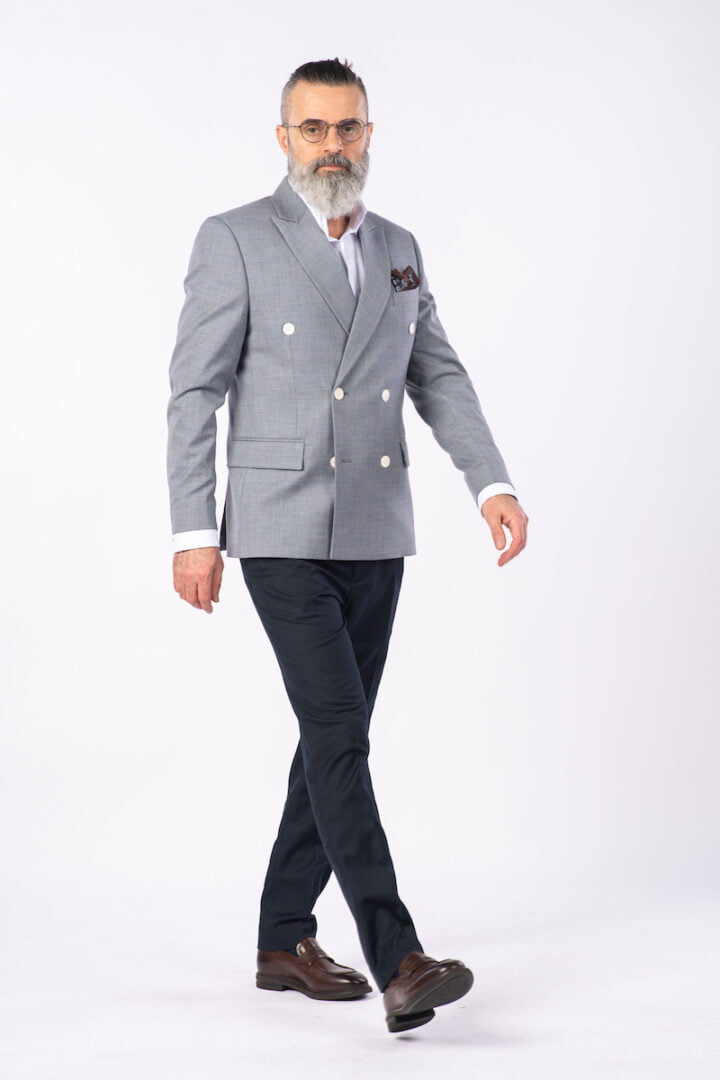 Costum 2 Rânduri Nasturi - Bleumarin cu Dungi Bleu