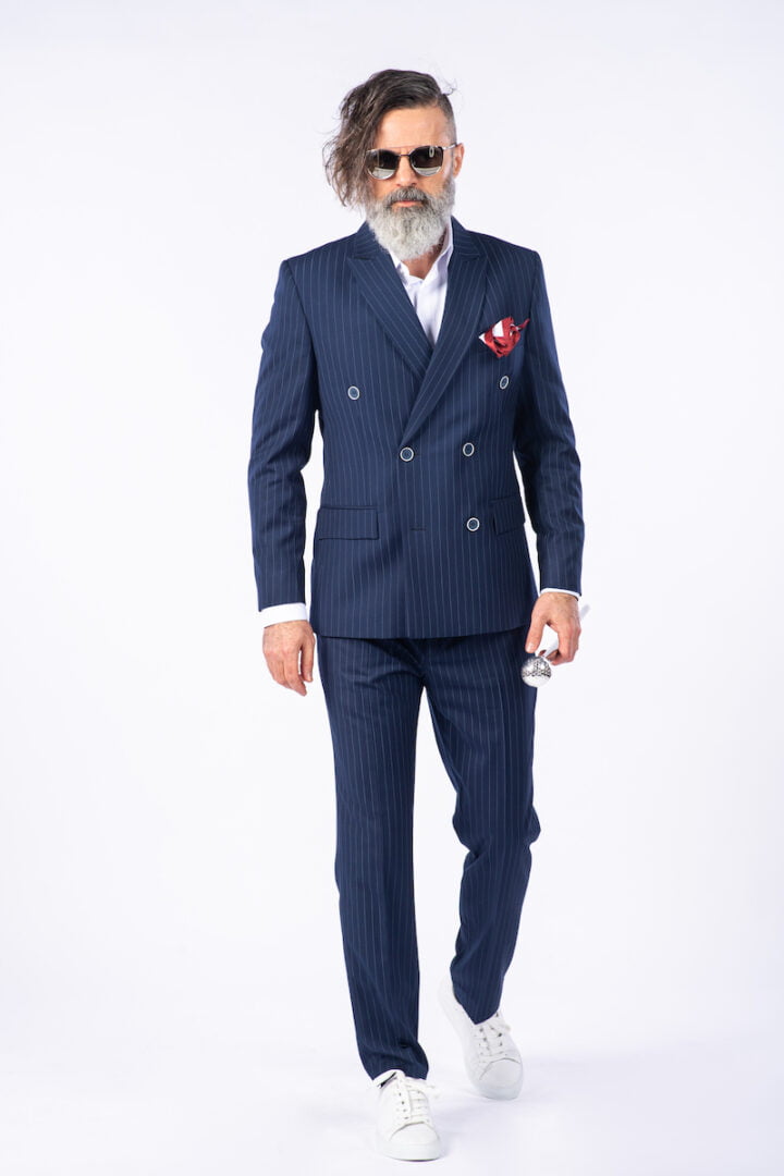 Costum 2 Rânduri Nasturi - Bleumarin cu Dungi Albe