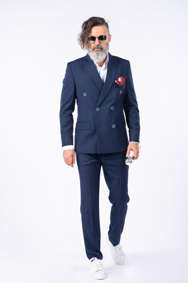 Costum 2 Rânduri Nasturi - Bleumarin cu Dungi Albe