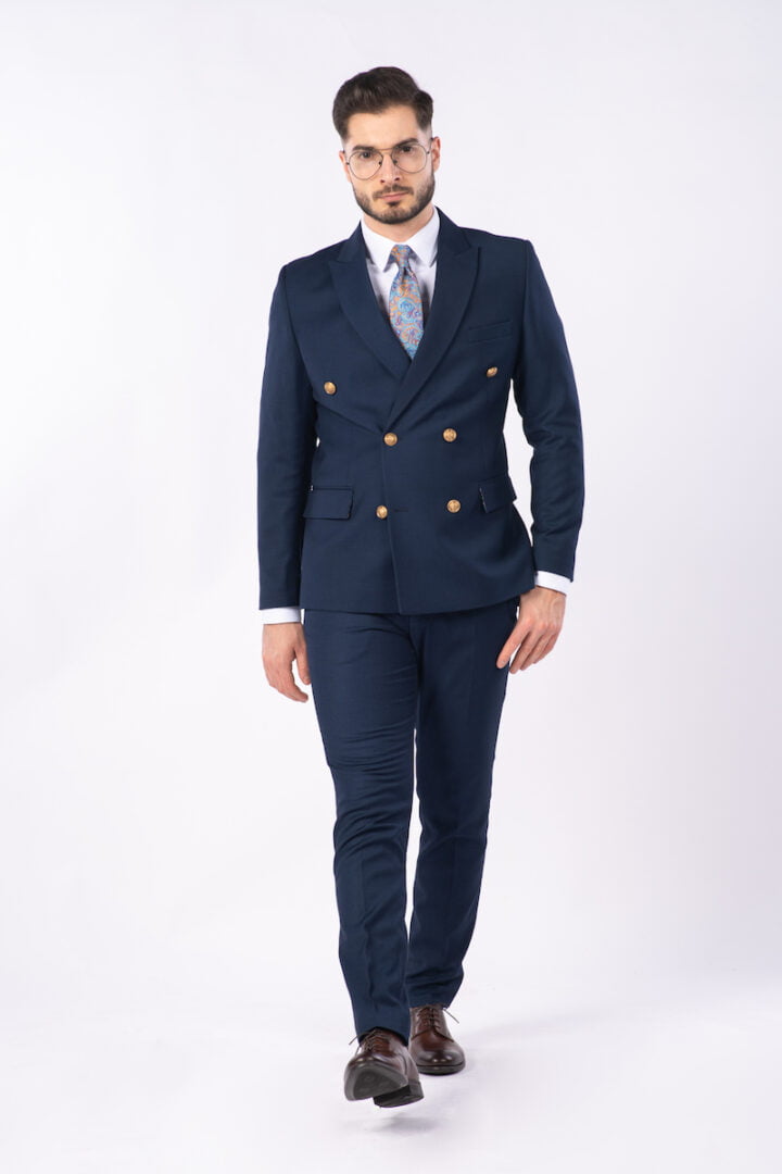Costum 2 Rânduri Nasturi - Bleumarin Texturat Format din 2 Piese