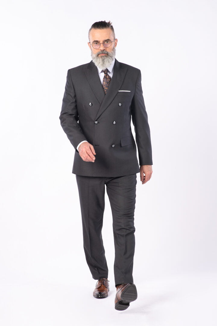 Costum 2 Rânduri Nasturi - Negru/Gri Texturat Format din 2 Piese
