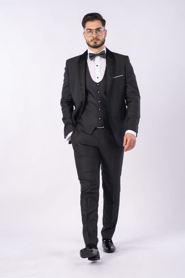Costum Ceremonie - Negru/Gri Texturat Format din 3 Piese