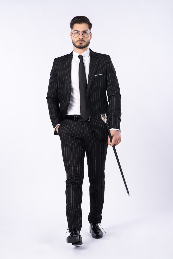 Costum Clasic Bărbați - Negru cu Dungi Albe