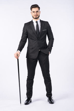 Costum Clasic Bărbați - Negru cu Dungi Albe