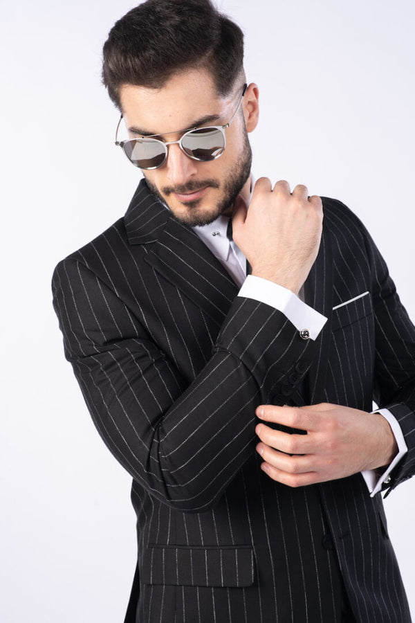 Costum Clasic Bărbați - Negru cu Dungi Albe