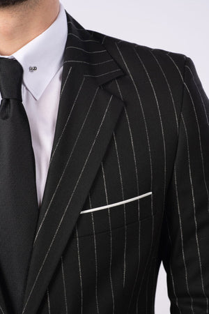 Costum Clasic Bărbați - Negru cu Dungi Albe