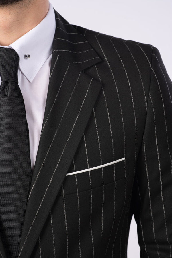 Costum Clasic Bărbați - Negru cu Dungi Albe