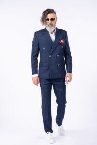 Costum 2 Rânduri Nasturi - Bleumarin cu Dungi Albe