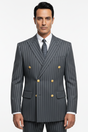 Costum la Două Rânduri de Nasturi - Bleumarin-Antracit cu Dungi Albe 6AMA340