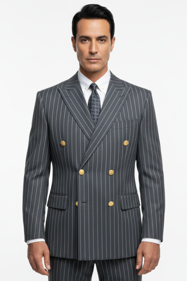 Costum la Două Rânduri de Nasturi - Bleumarin-Antracit cu Dungi Albe 6AMA340