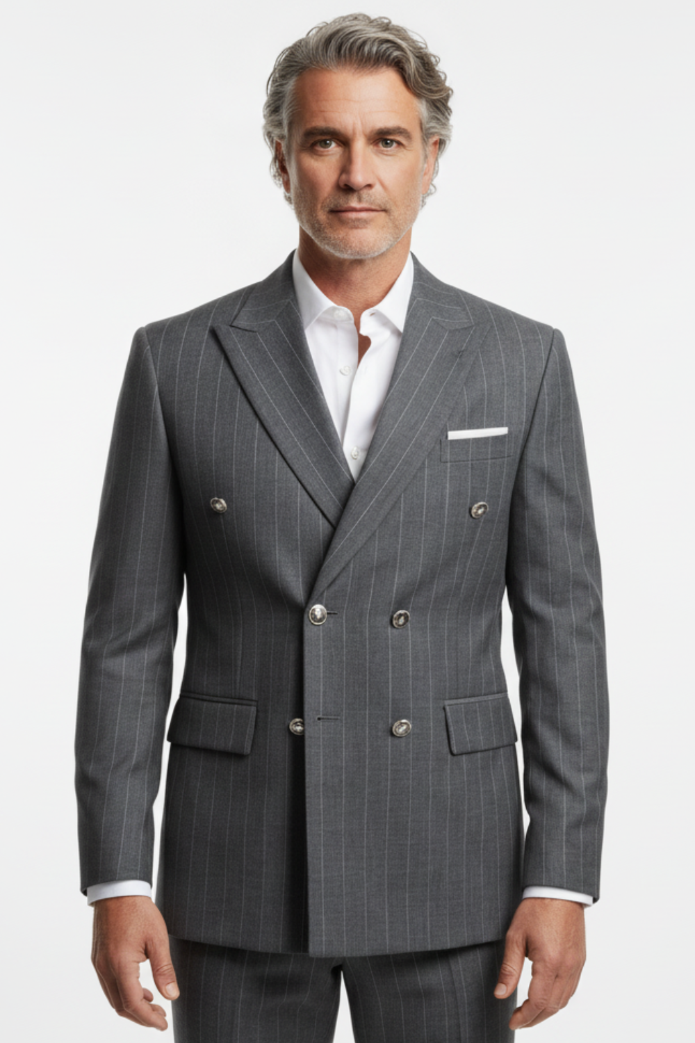 Costum la Două Rânduri de Nasturi - Gri cu Dungi Albe 6AM307