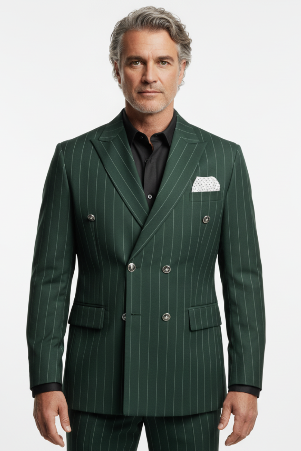 Costum la Două Rânduri de Nasturi - Verde cu Dungi Albe 6AM306D