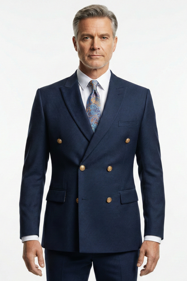 Costum la Două Rânduri de Nasturi - Bleumarin Texturat 6AM103R